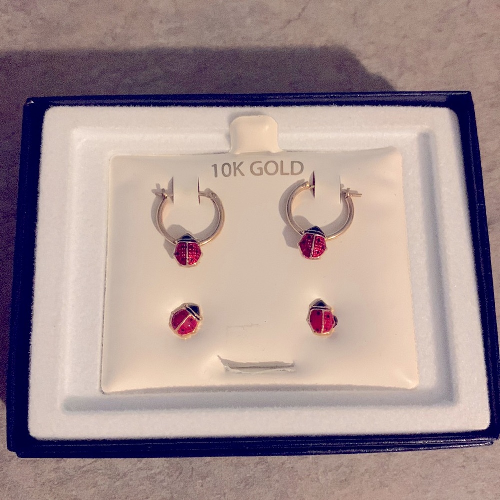 2 sets of 10K Gold Ladybug earrings